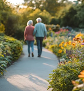 Two elderly people are walking down a path in a garden, surrounded by flowers. AI generated content